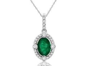 14K White Gold Emerald & Diamond Pendant