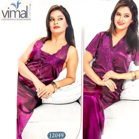 2 Pcs Maroon Long Nighty Set with Gown - V12049 - Satin Silk Nighty by Vimal Fashion