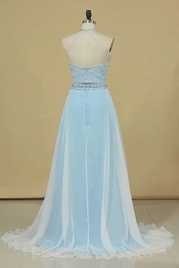 2024 Two-Piece Halter A Line Prom Dresses With Beading And Rhinestones Bicolor Chiffon PAYLQ5AB