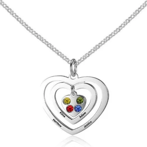 4 Birthstone Mother's Necklace Hearts Echo 4 Engraved Names