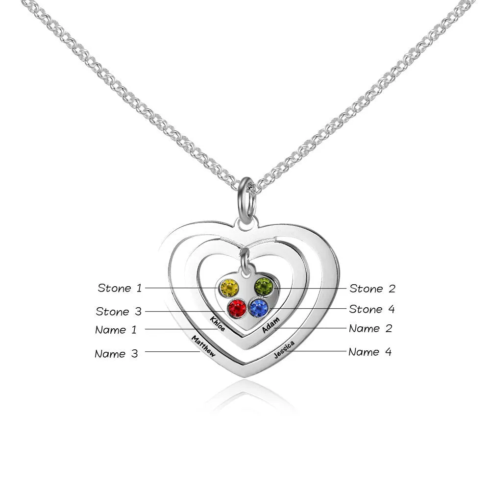 4 Birthstone Mother's Necklace Hearts Echo 4 Engraved Names