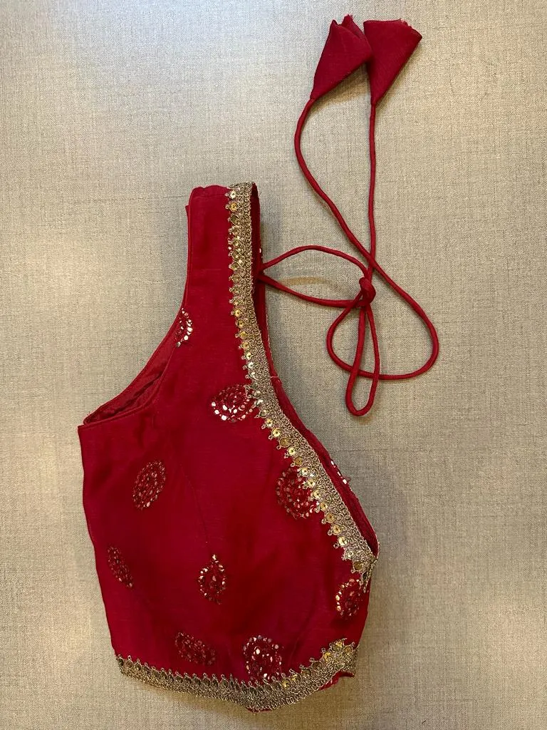 50V513-RO Red Embroidered Sleeveless Sari Blouse