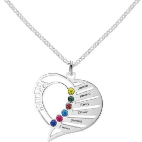 6 Birthstone Silver Mother's Necklace Mom's Heart Pendant 6 Names