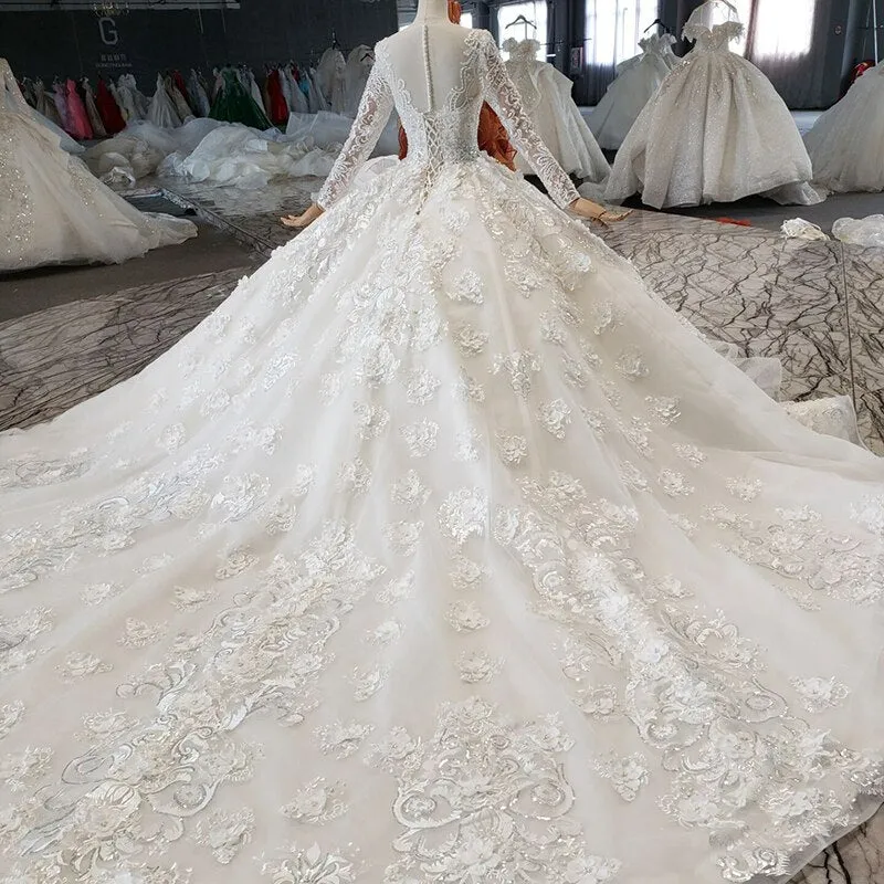 74232-1 Long Sleeve Pearl Lace Applique Haute Couture Ball Gown Wedding Dress Vestido de novia