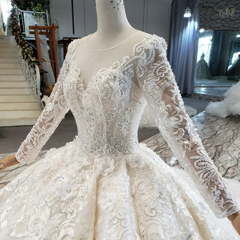 74232-1 Long Sleeve Pearl Lace Applique Haute Couture Ball Gown Wedding Dress Vestido de novia