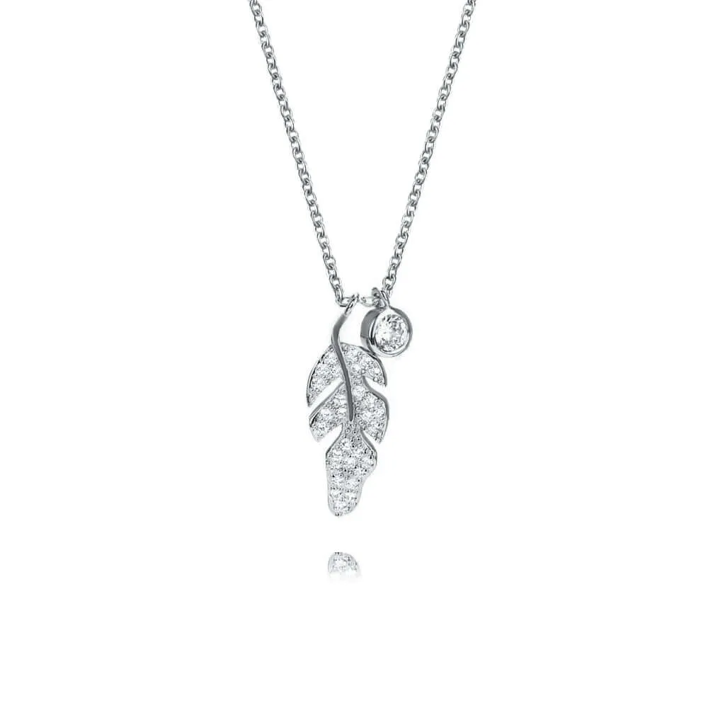 925 Sterling Silver CZ Diamond Feather Necklace