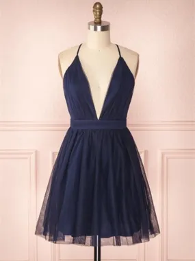 A Line V Neck Navy Blue Short Prom Dresses, Navy Blue Homecoming Dresses