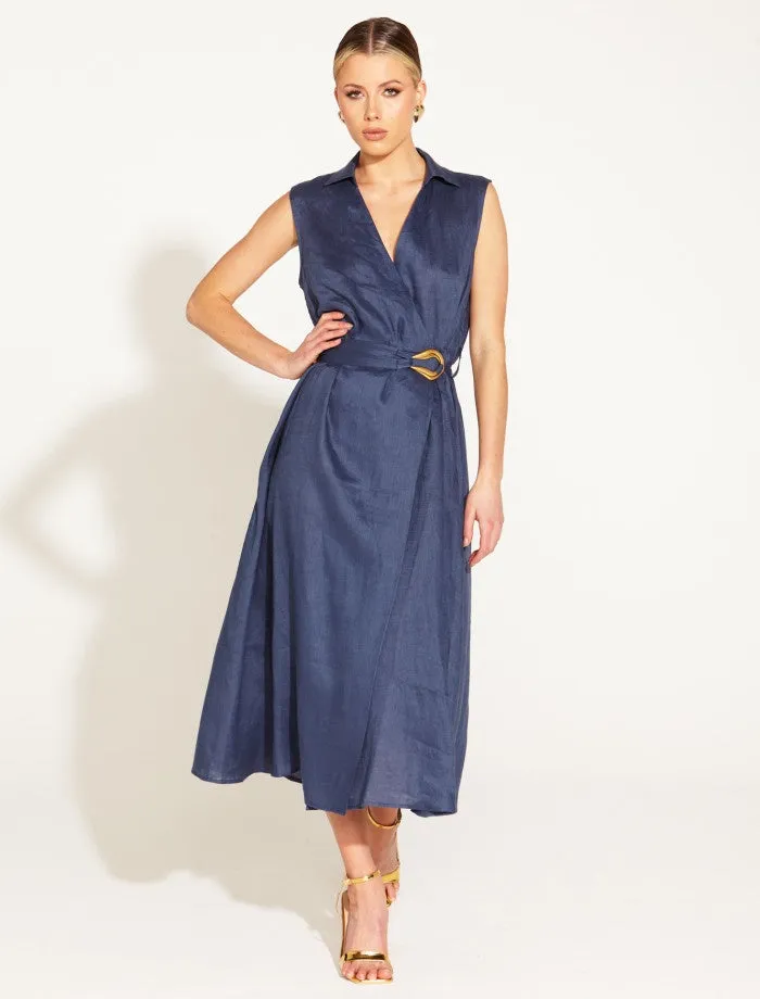 A Walk in the Park Linen Sleeveless Midi Dress (Navy)