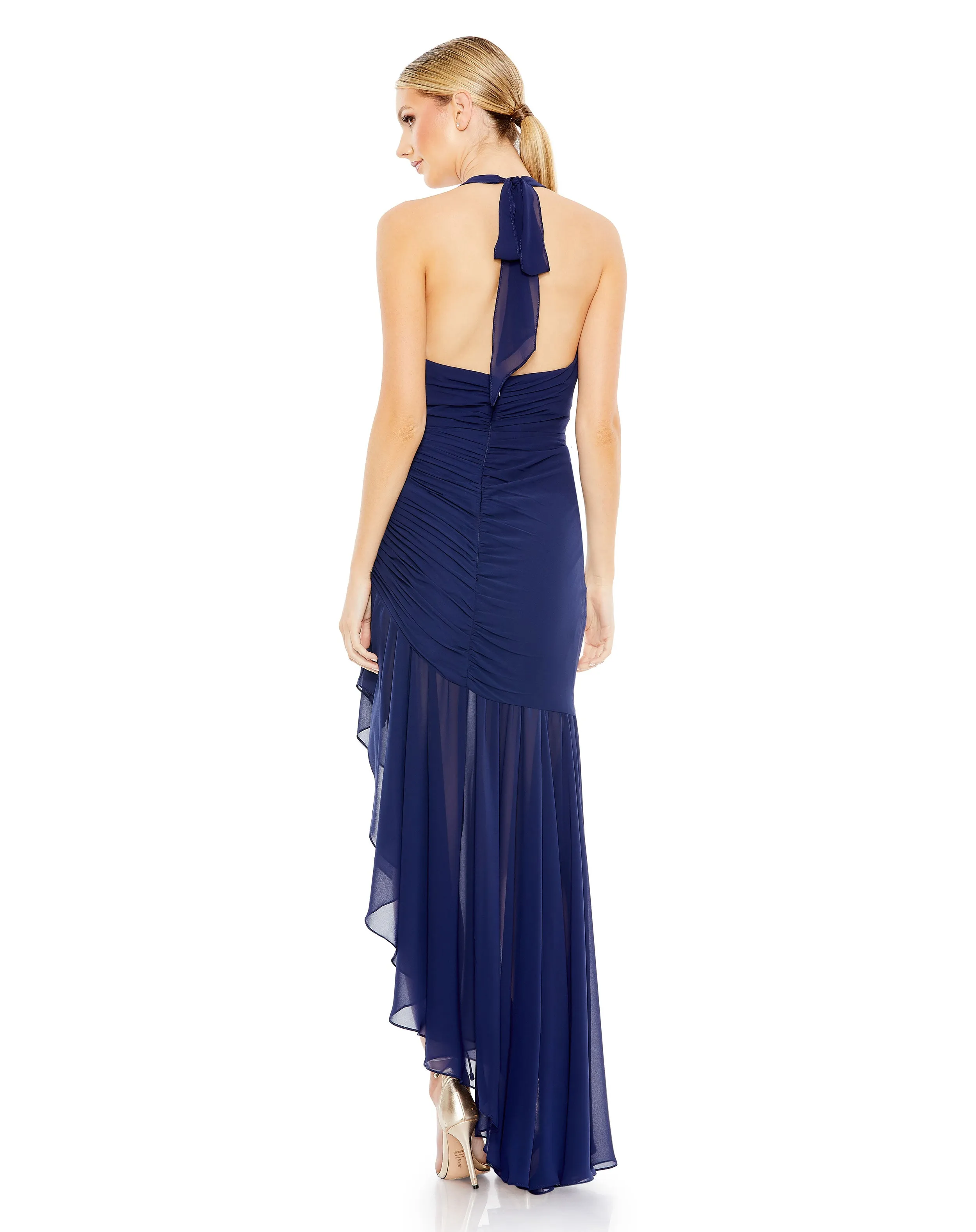 Asymmetrical Ruffle Hem Halter Strap Gown