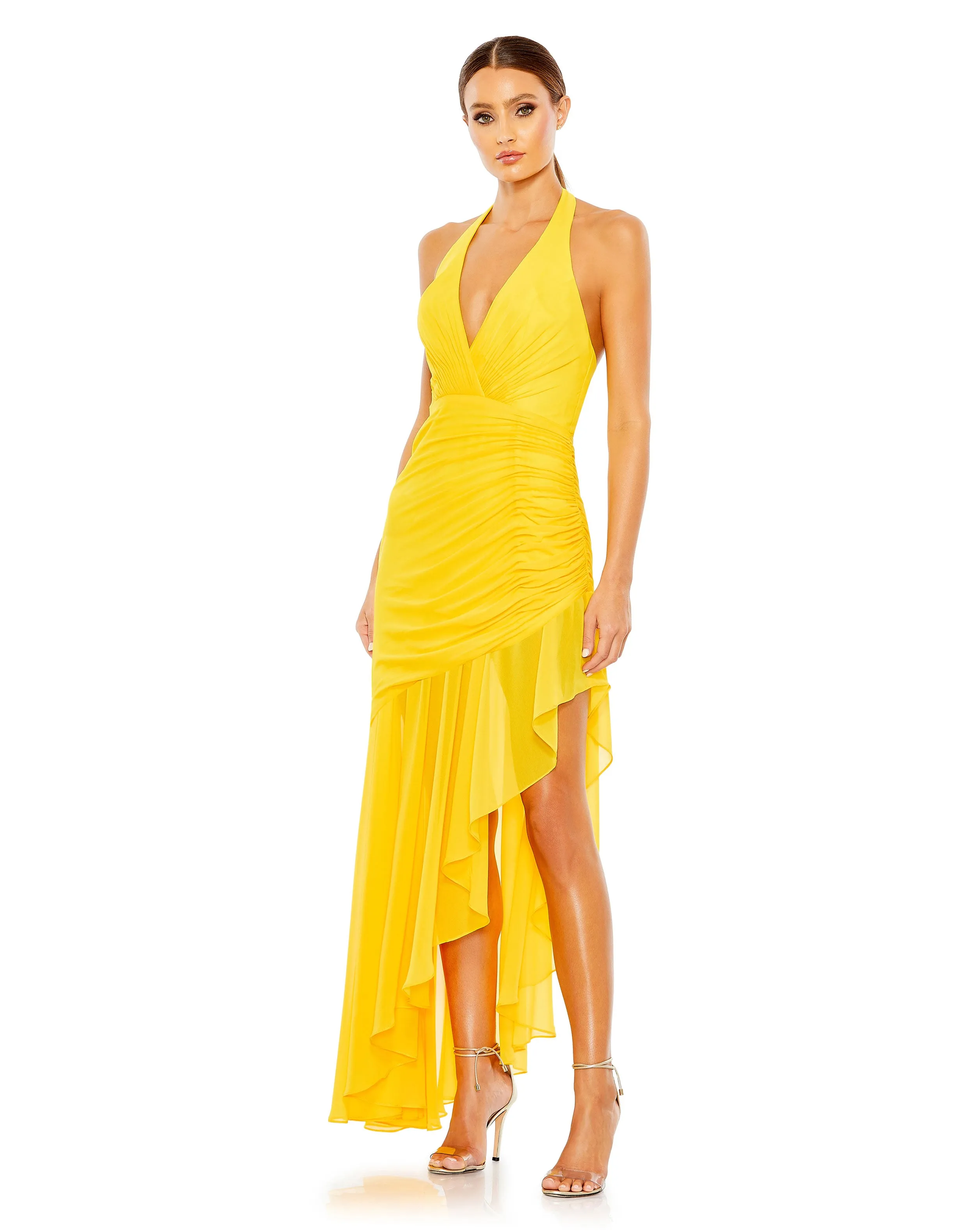 Asymmetrical Ruffle Hem Halter Strap Gown