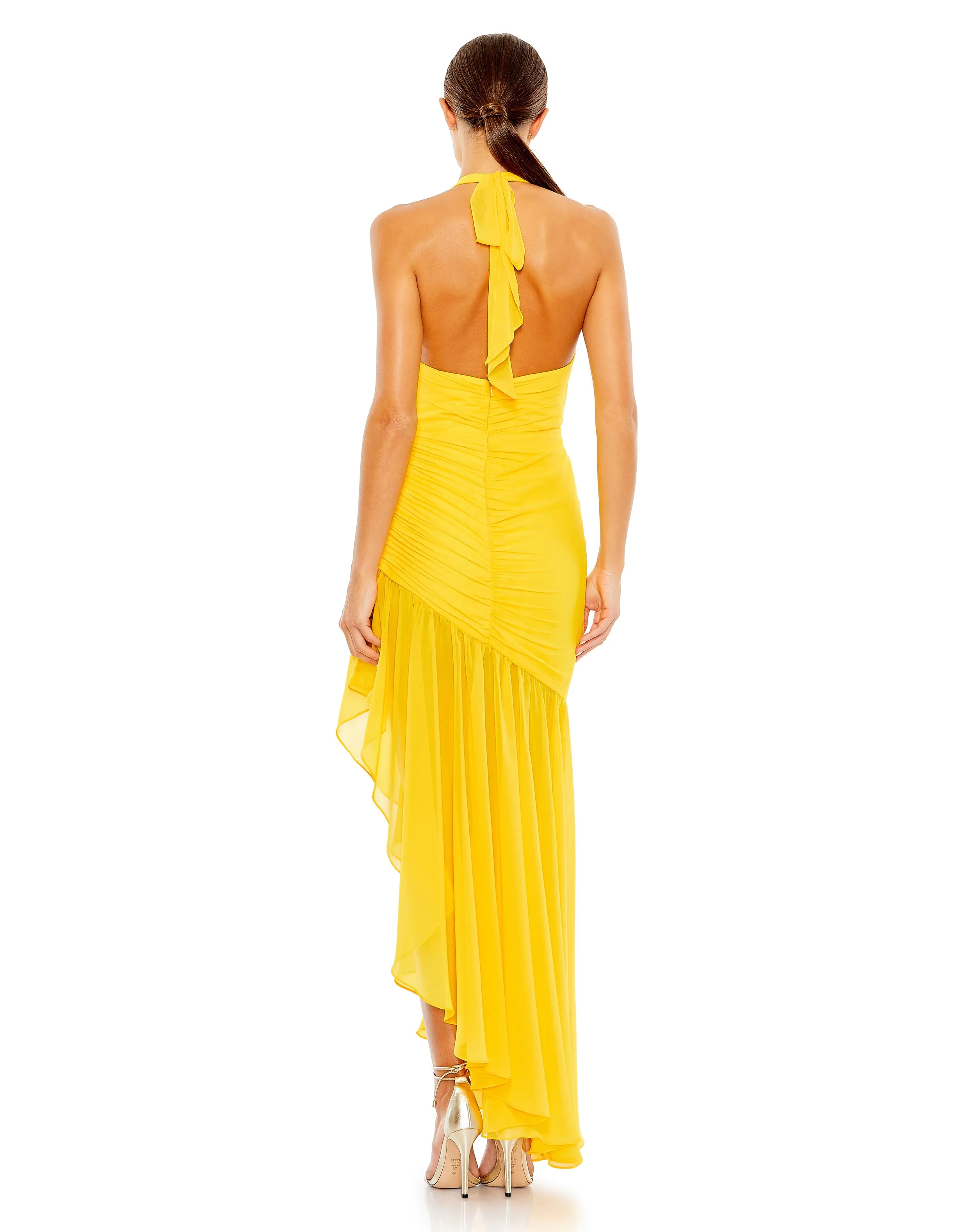 Asymmetrical Ruffle Hem Halter Strap Gown