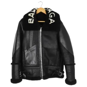 Balenciaga Black Leather Logo Shearling Jacket - 38