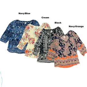 Bila Women's V-Neck 3/4 Sleeve Paisley Printed Flowy Peasant Blouse Top