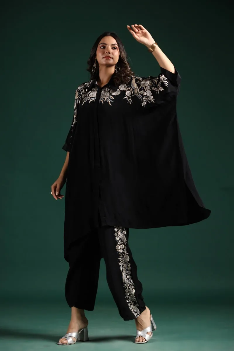 Black Embroidered Habutai Silk Co-Ord Set