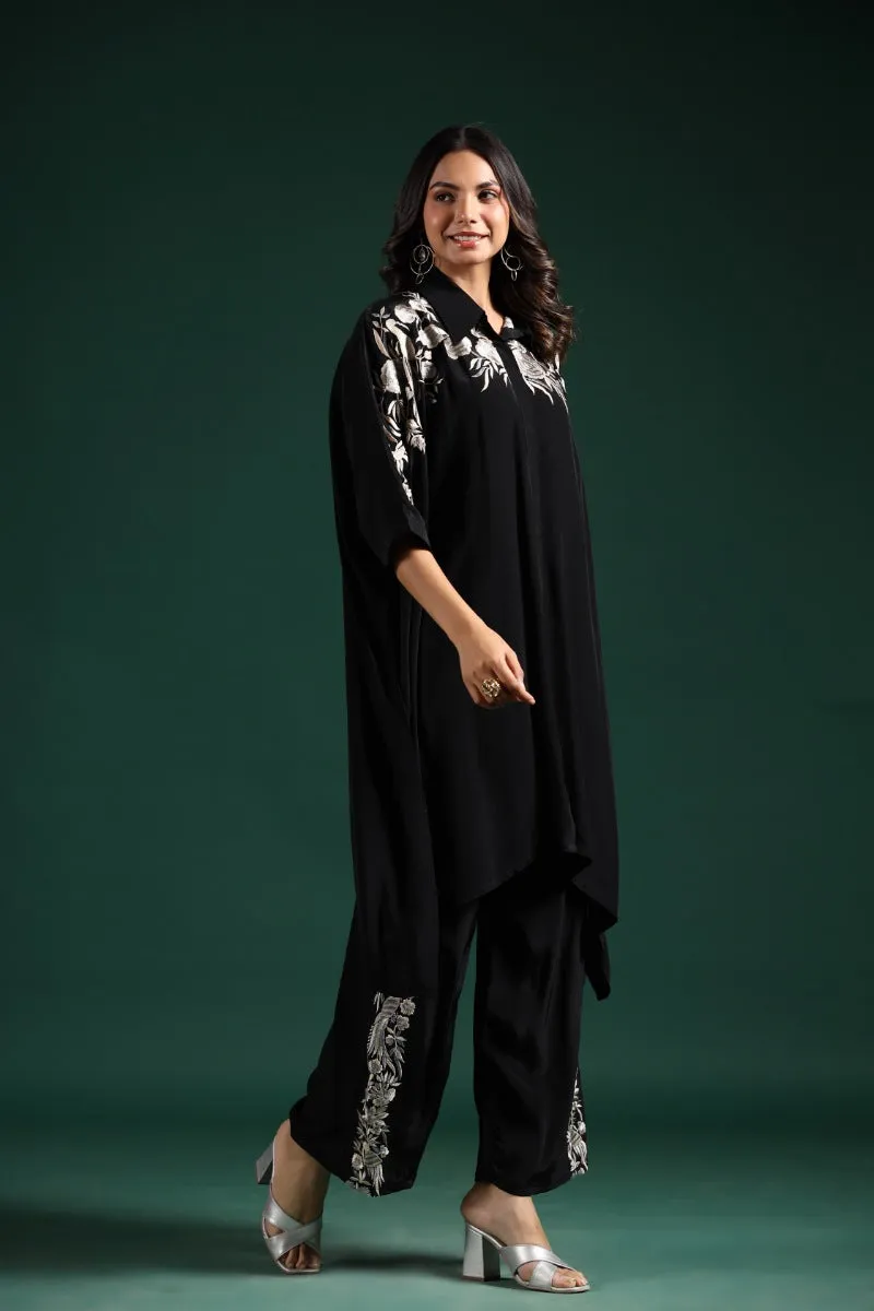 Black Embroidered Habutai Silk Co-Ord Set