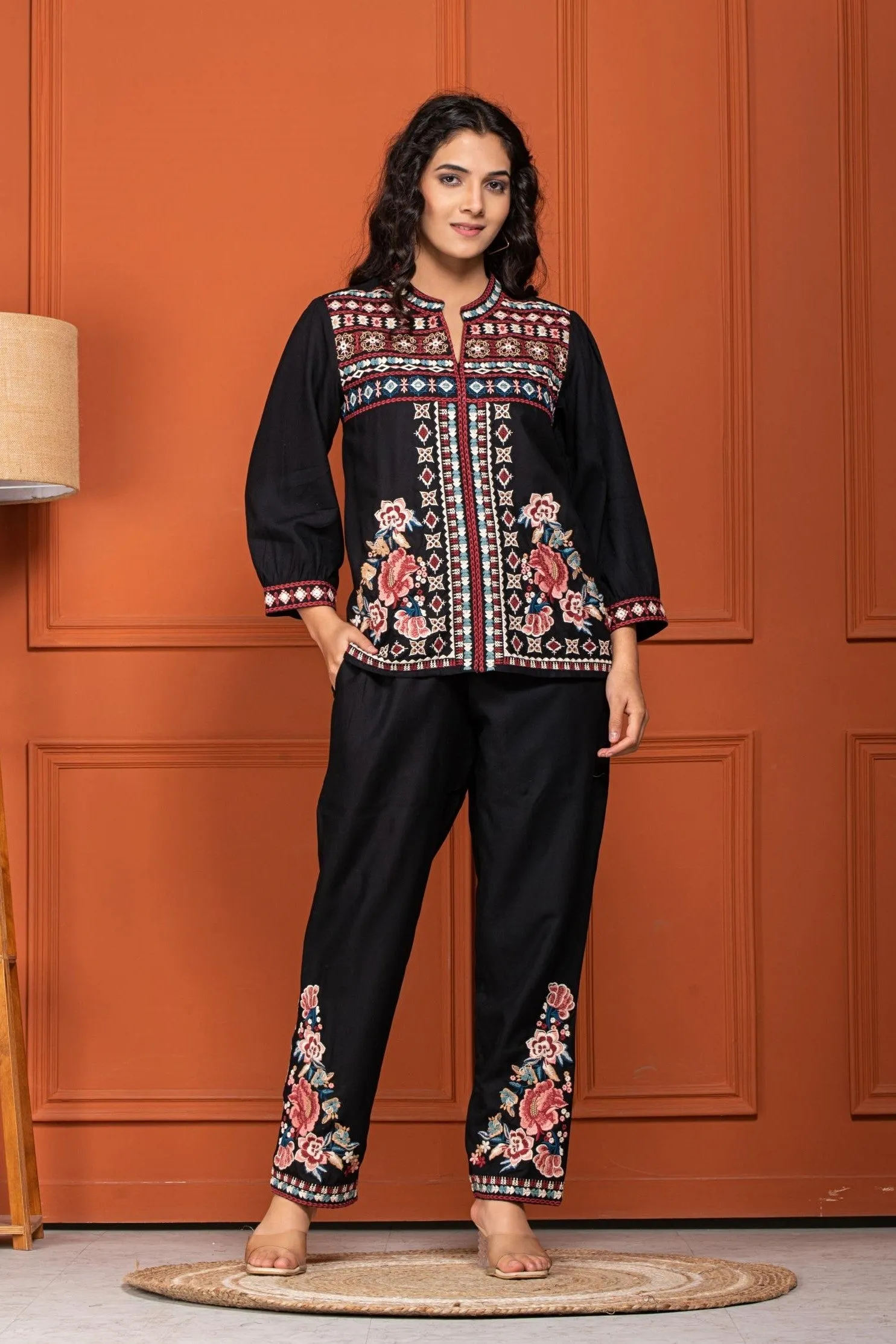 Black Floral Embroidered Belgium Cotton Co-Ord Set