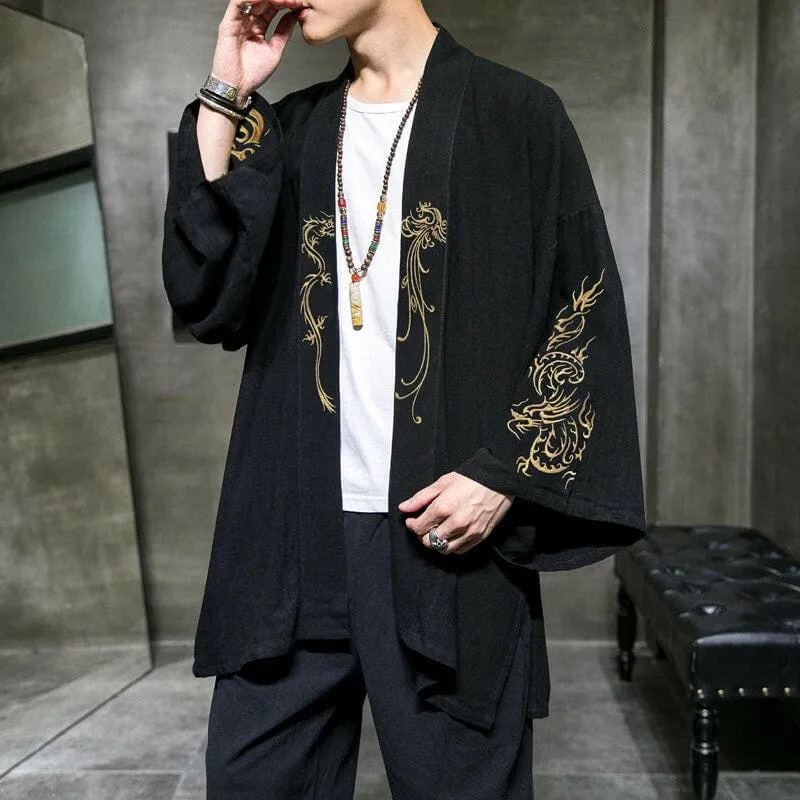 Black Kimono-style Jacket with Dragon Embroidery for Men