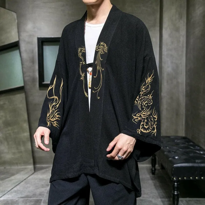 Black Kimono-style Jacket with Dragon Embroidery for Men