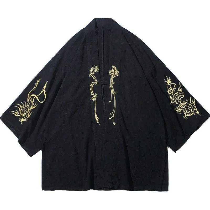 Black Kimono-style Jacket with Dragon Embroidery for Men