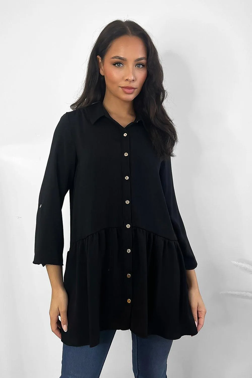 Black Satin Drop Hem Shirt