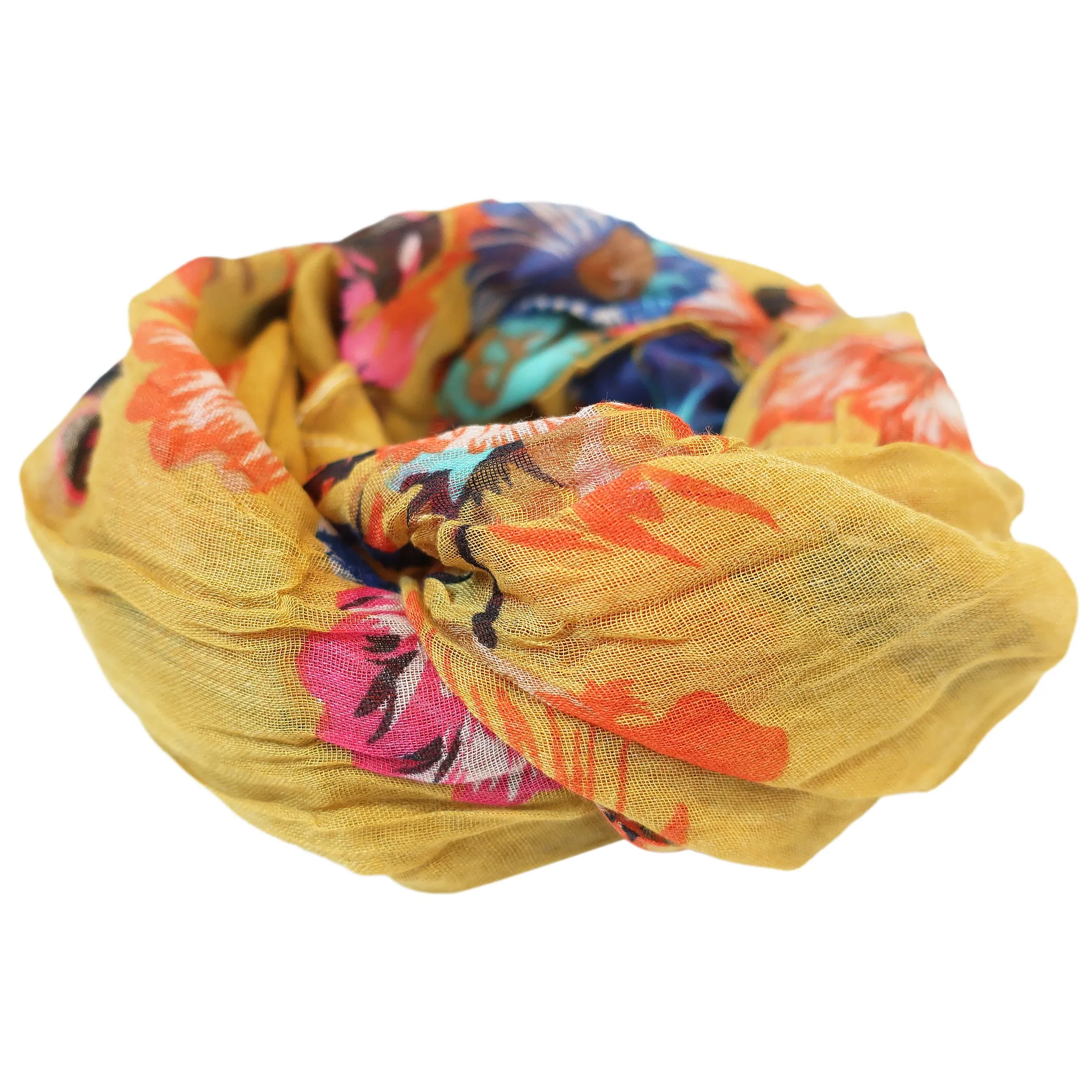 Blue Pacific French Flower Cotton Neckerchief Scarf in Mustard Yellow