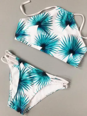 Blue Push Up Cut Out Floral Printing Swimsuit