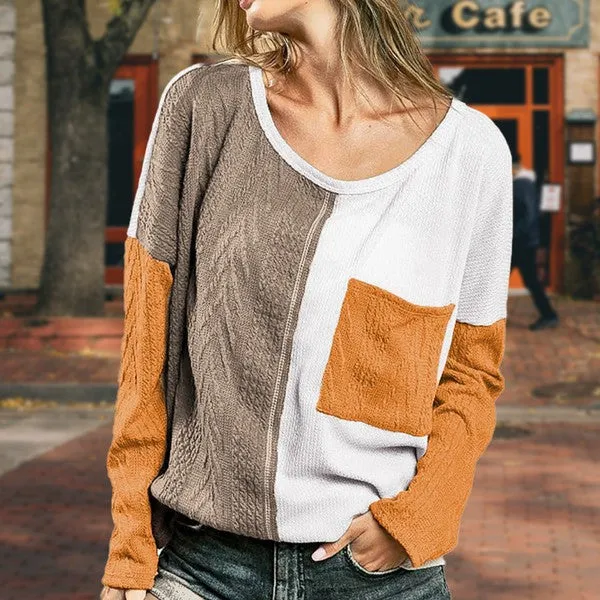 Cable knit color block round neck sweater