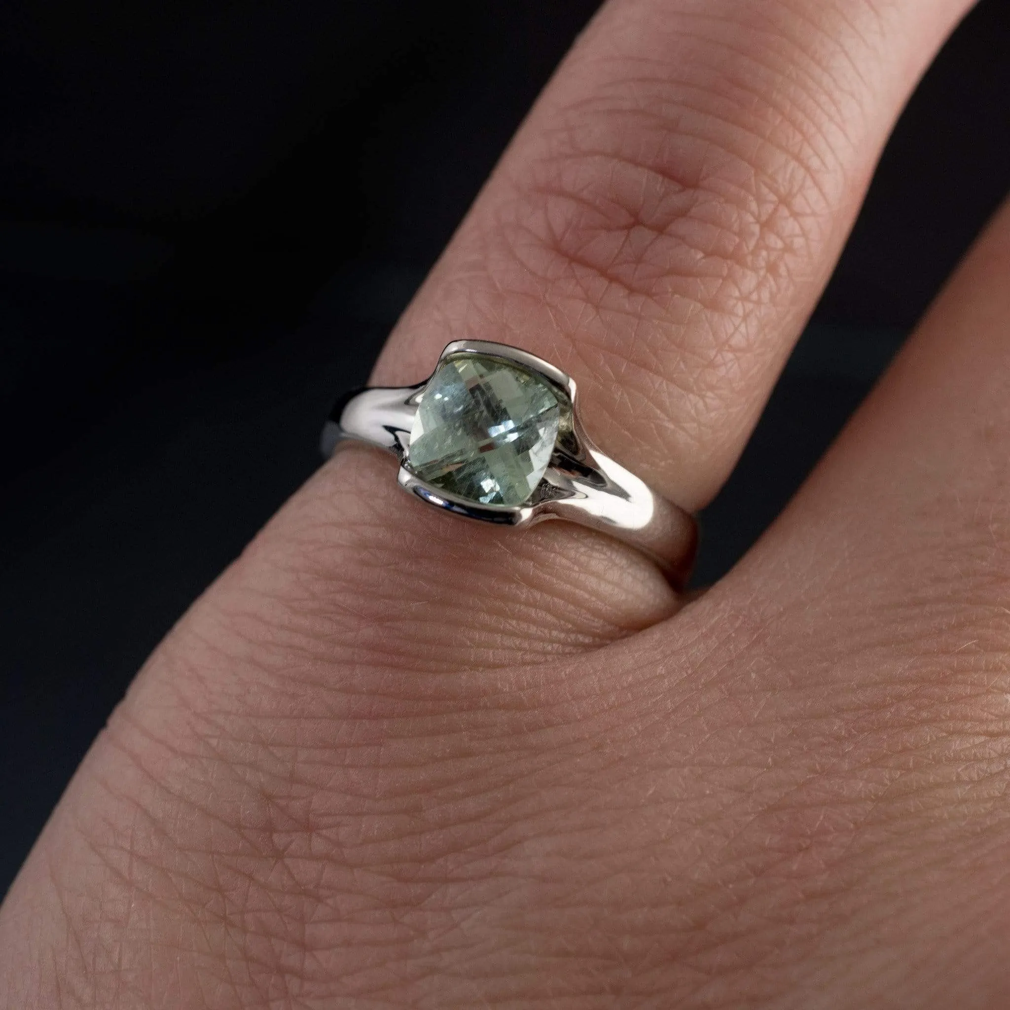 Checkerboard Cushion Fair Trade Green Sapphire Fold Solitaire Engagement Ring