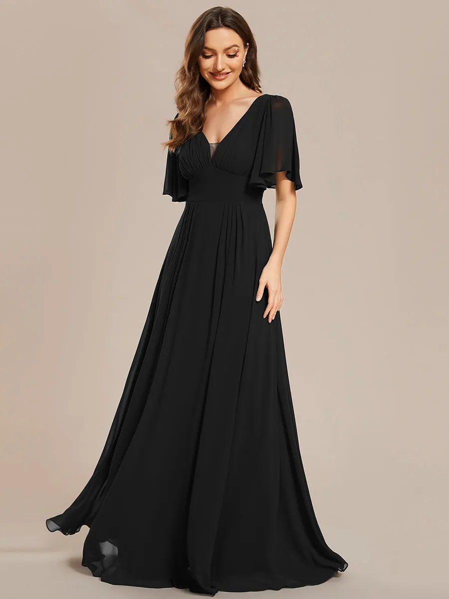 Chiffion Empire Waist Floor Length V Neck Evening Dress with Short Sleeves