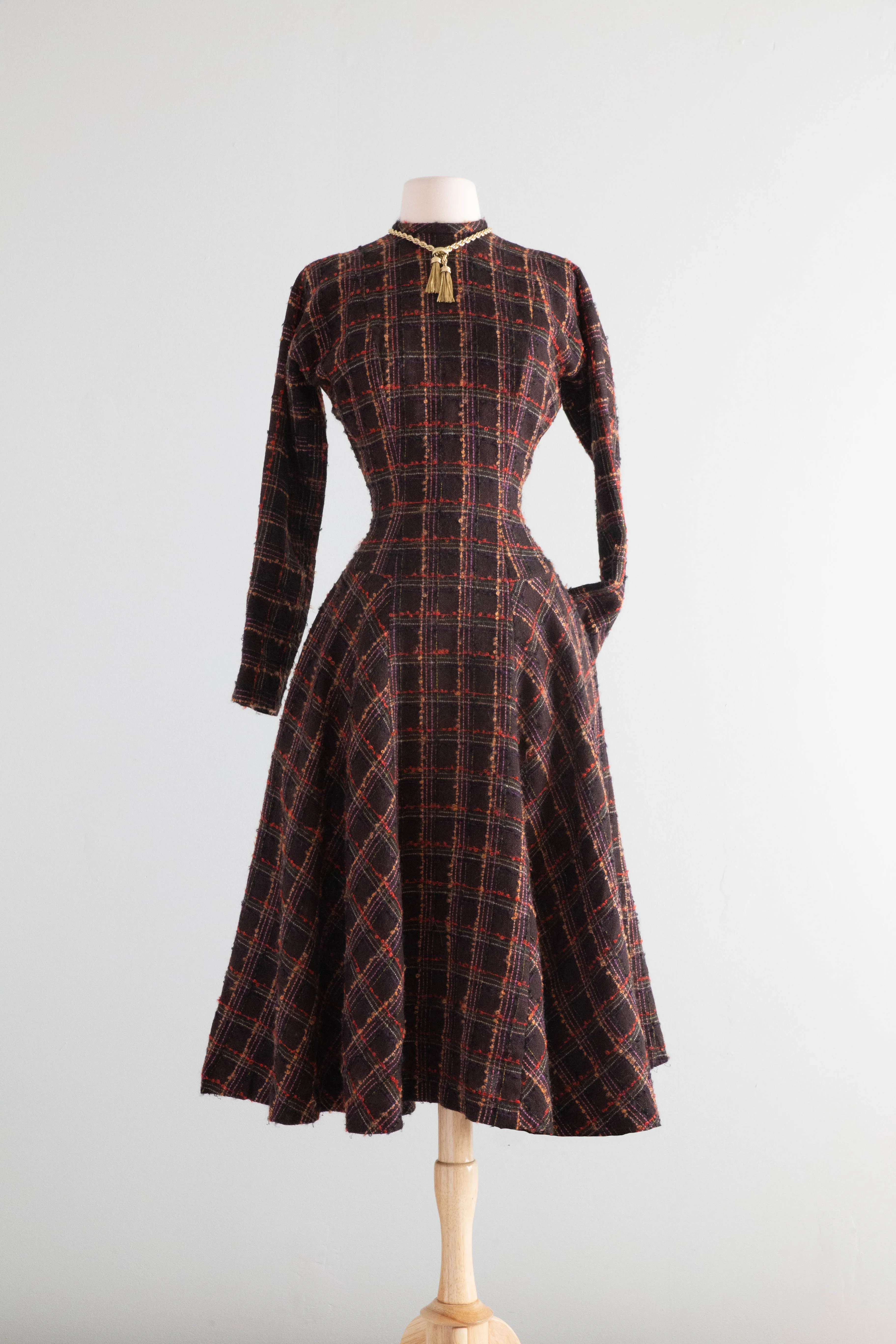 Classic Early 1950’s Anne Fogarty Wool Window Pane Plaid Dress / SM