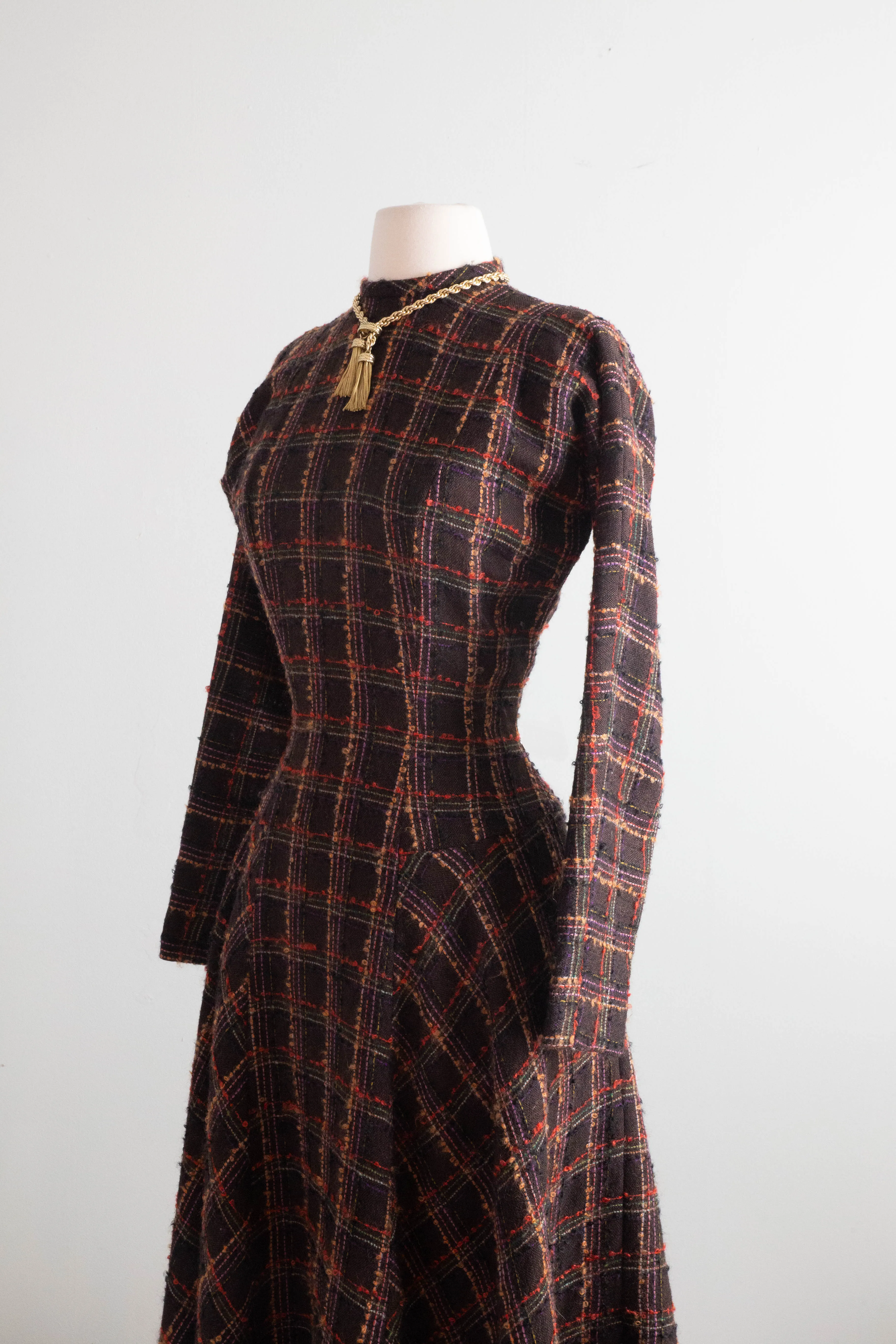 Classic Early 1950’s Anne Fogarty Wool Window Pane Plaid Dress / SM