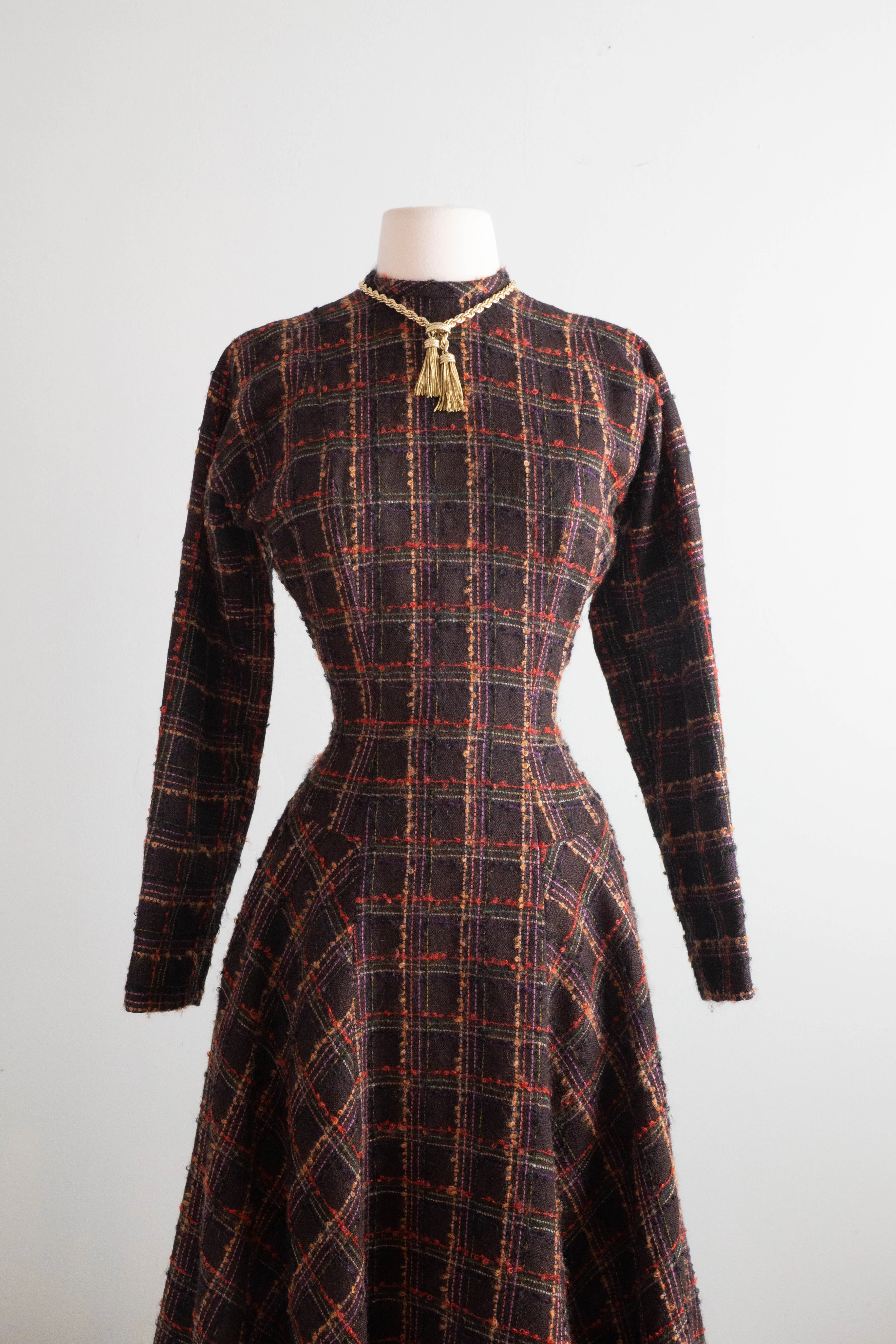 Classic Early 1950’s Anne Fogarty Wool Window Pane Plaid Dress / SM