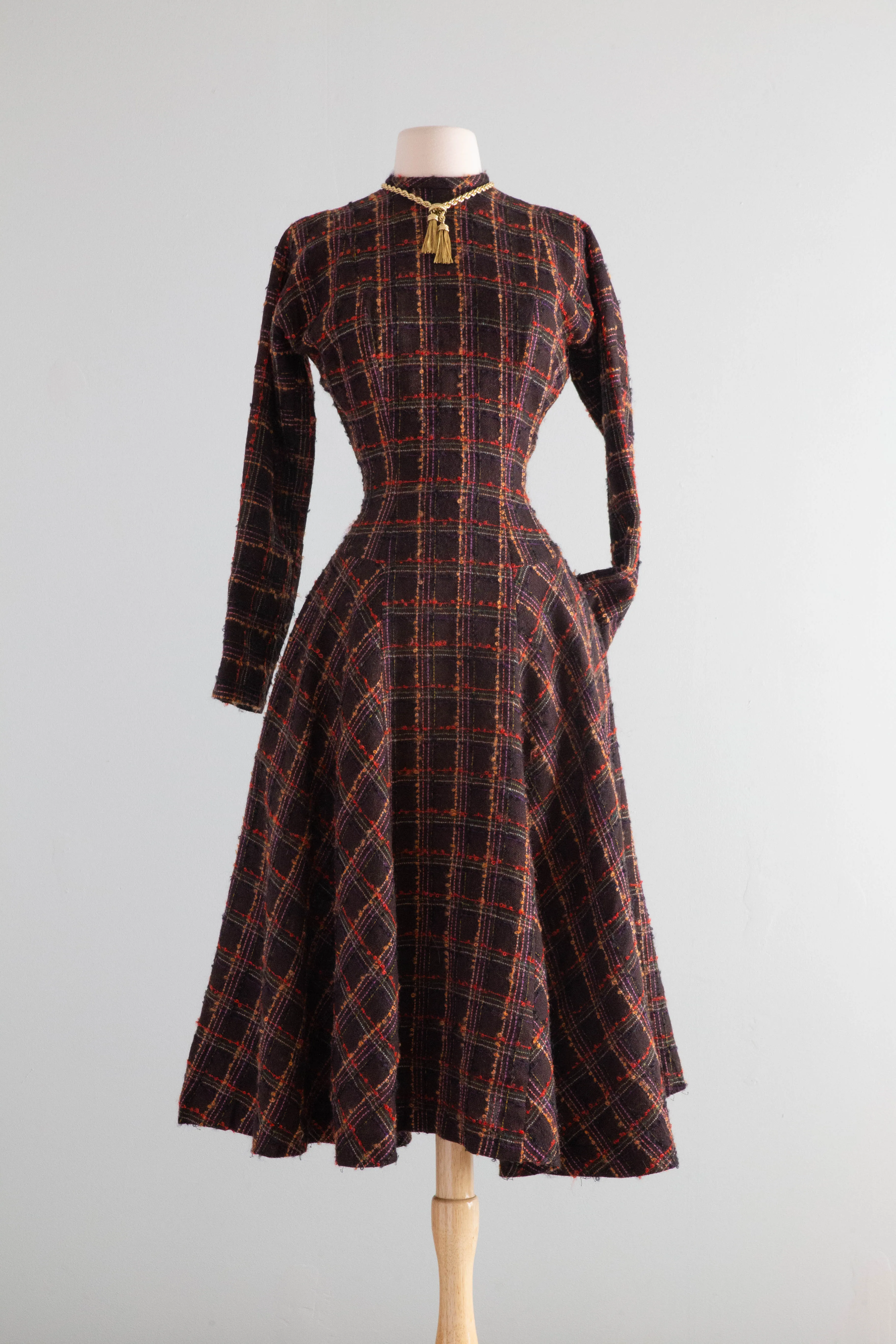 Classic Early 1950’s Anne Fogarty Wool Window Pane Plaid Dress / SM