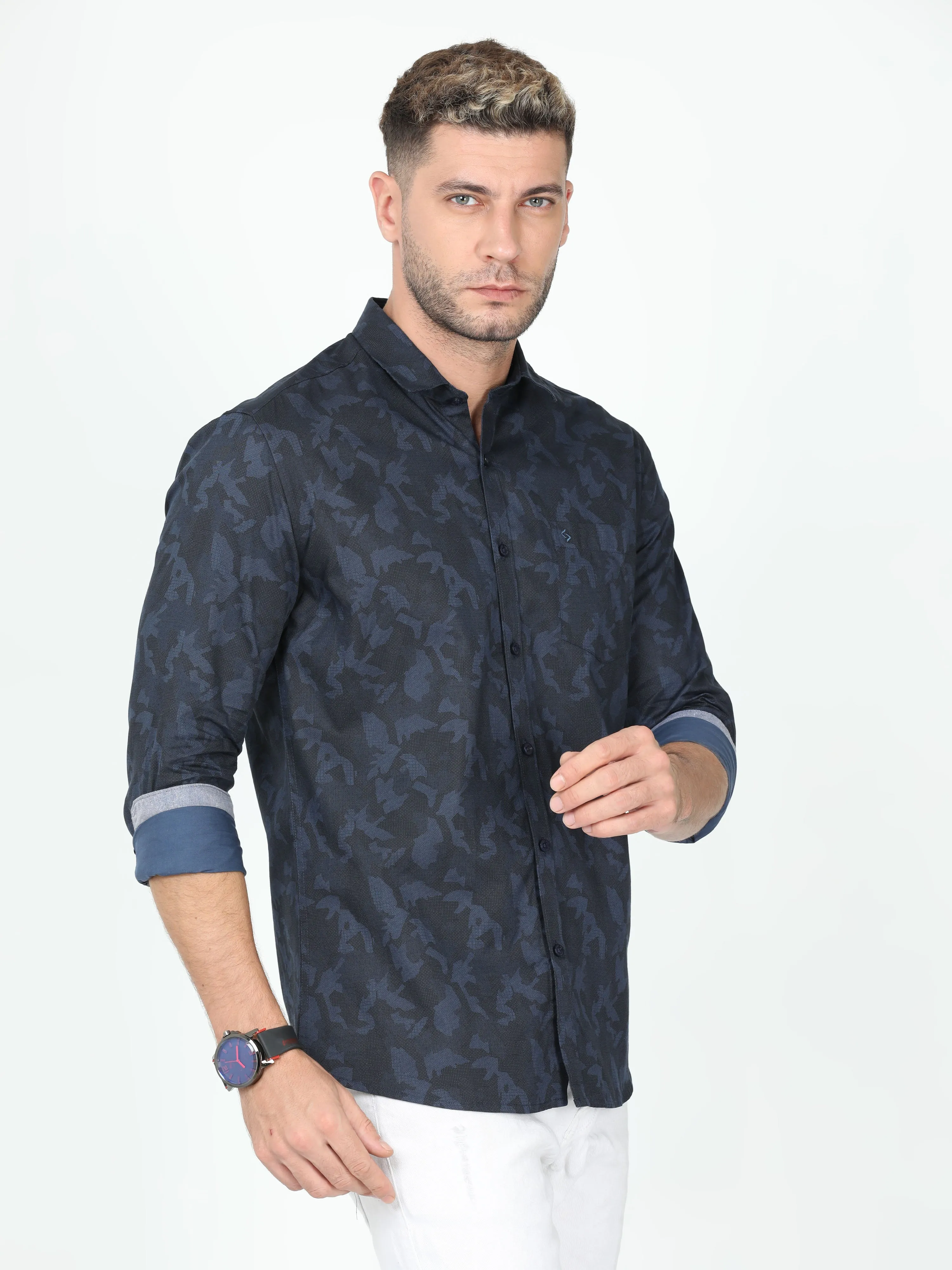 Classic Polo Mens Cotton Full Sleeve Slim Fit Polo Neck Navy Color Woven Shirt | So1-11 C-FS-PRT-SF