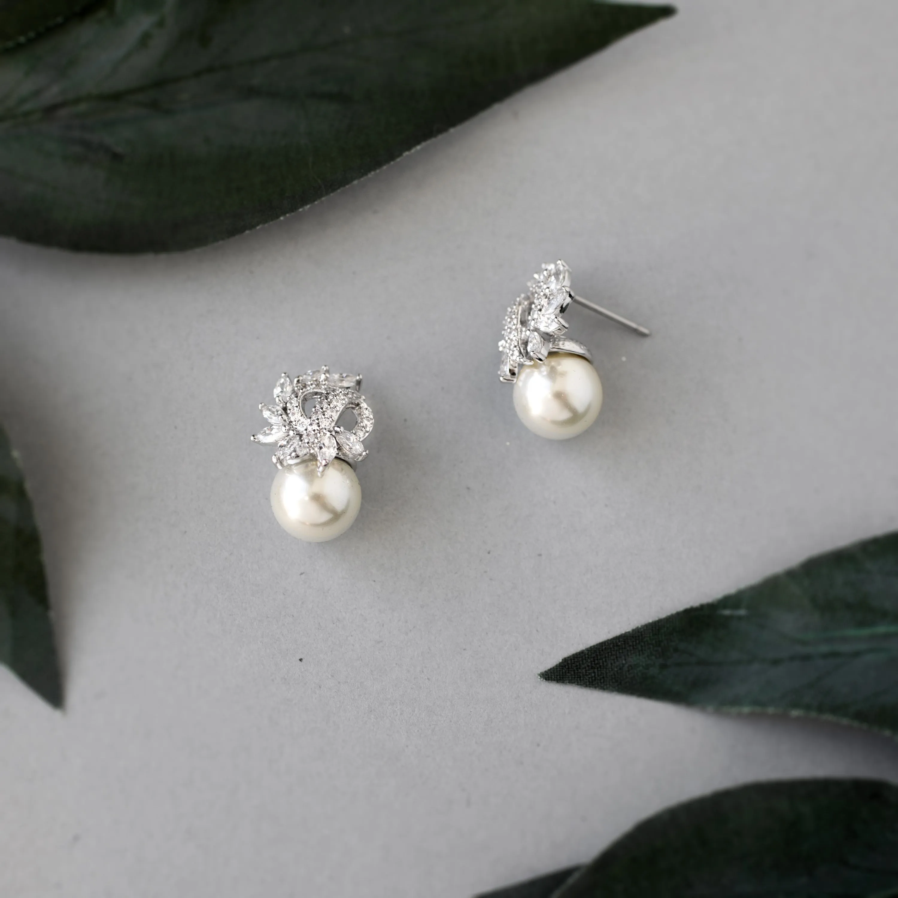 CZ Swirl Pearl Stud Earrings