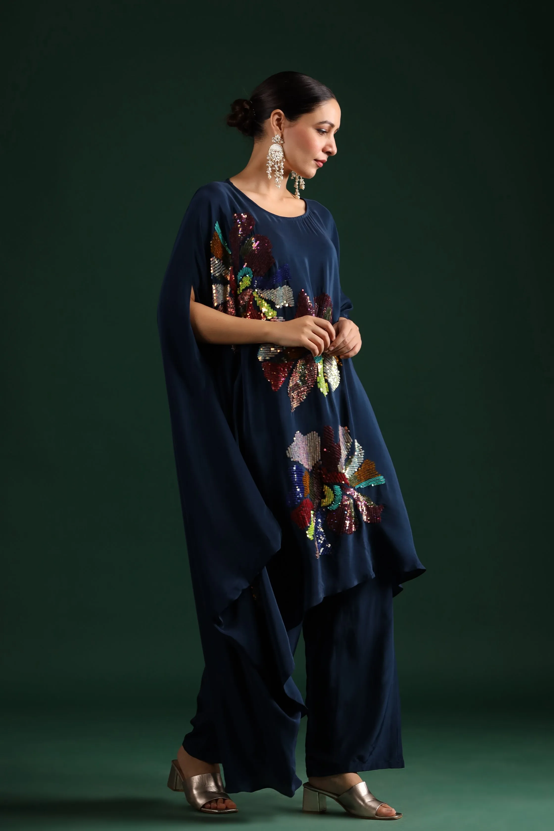 Deep Blue Embellished Asymmetrical Tunic & Pants