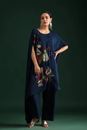 Deep Blue Embellished Asymmetrical Tunic & Pants