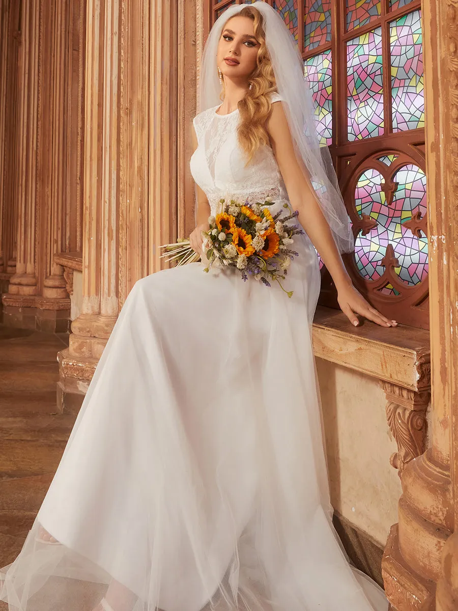 Elegant Hollow Lace Round Neck Wedding Dresses