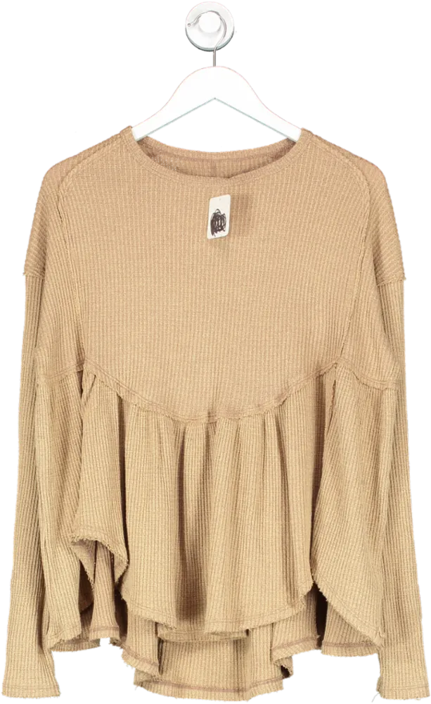 Free People Brown Waffle Long Sleeve Tunic Top UK S