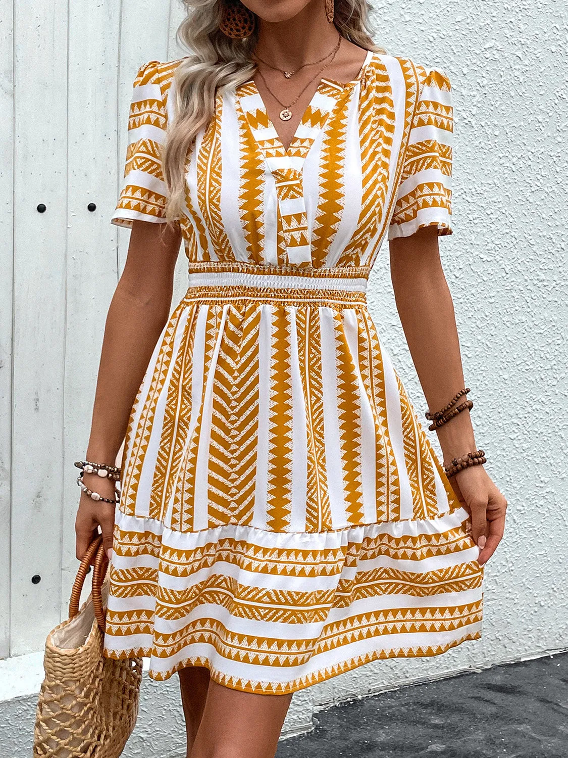 Geometric Notched Short Sleeve Mini Dress