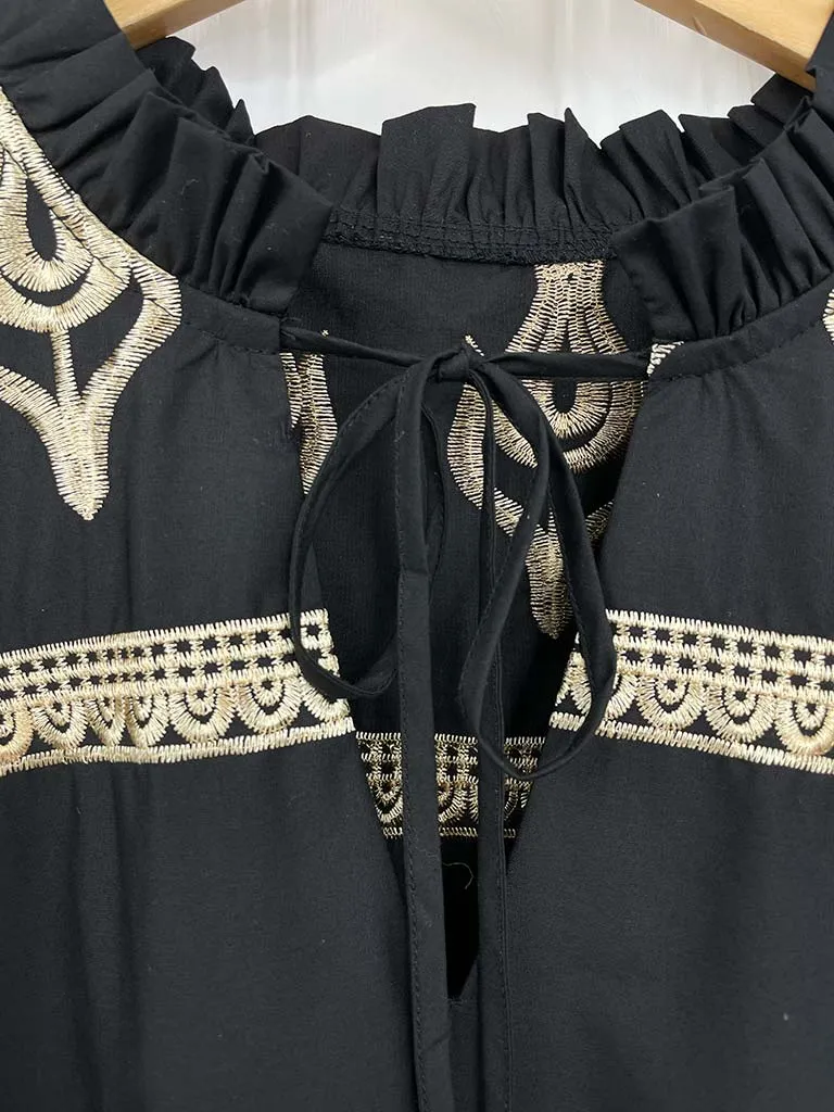 Gold Embroidered Tiered Tunic - Black