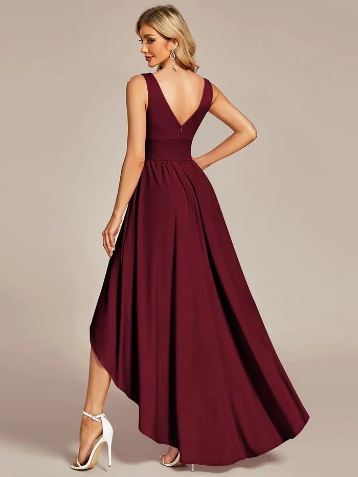 High Low Deep V Neck Sleeveless Bridesmaid Dresses