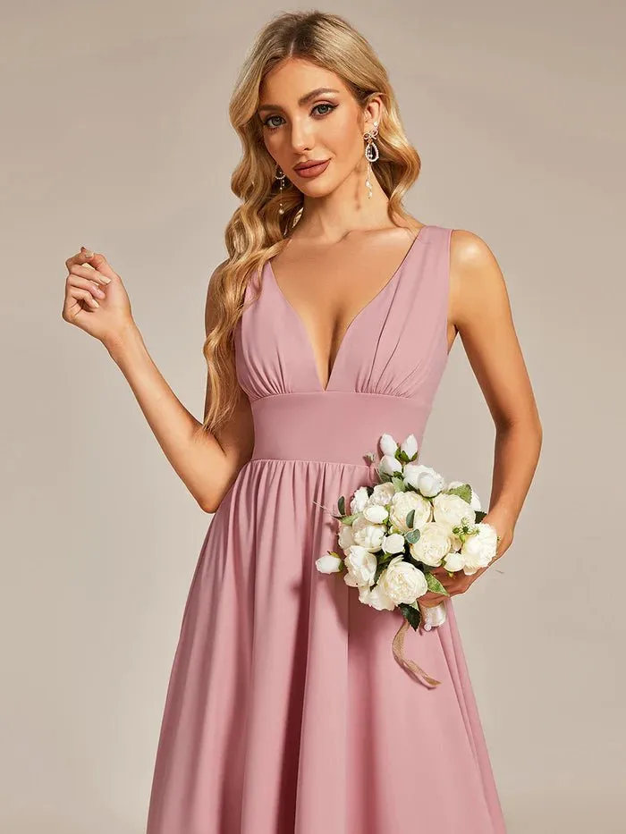 High Low Deep V Neck Sleeveless Bridesmaid Dresses