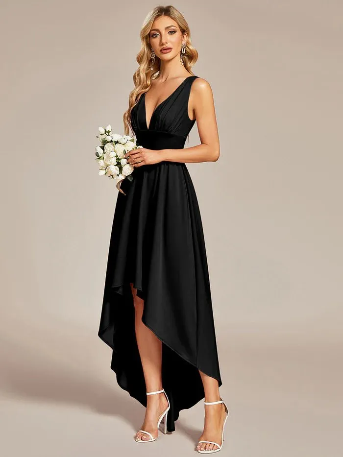 High Low Deep V Neck Sleeveless Bridesmaid Dresses