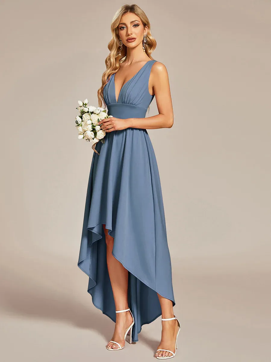 High Low Deep V Neck Sleeveless Bridesmaid Dresses