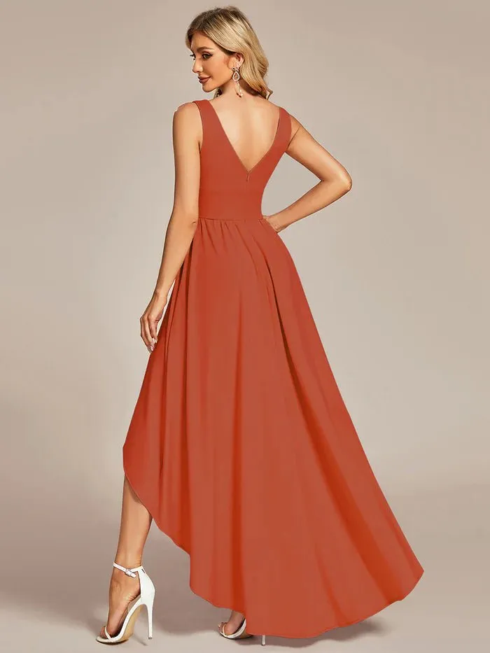 High Low Deep V Neck Sleeveless Bridesmaid Dresses