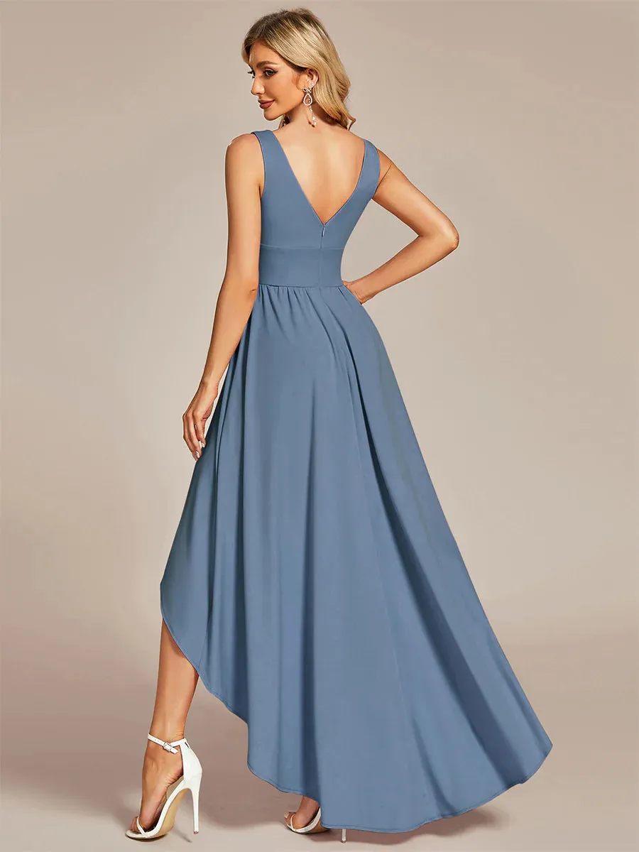 High Low Deep V Neck Sleeveless Bridesmaid Dresses