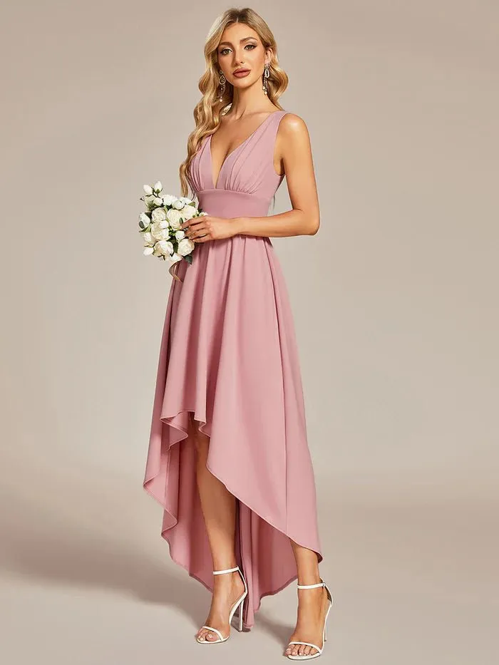 High Low Deep V Neck Sleeveless Bridesmaid Dresses