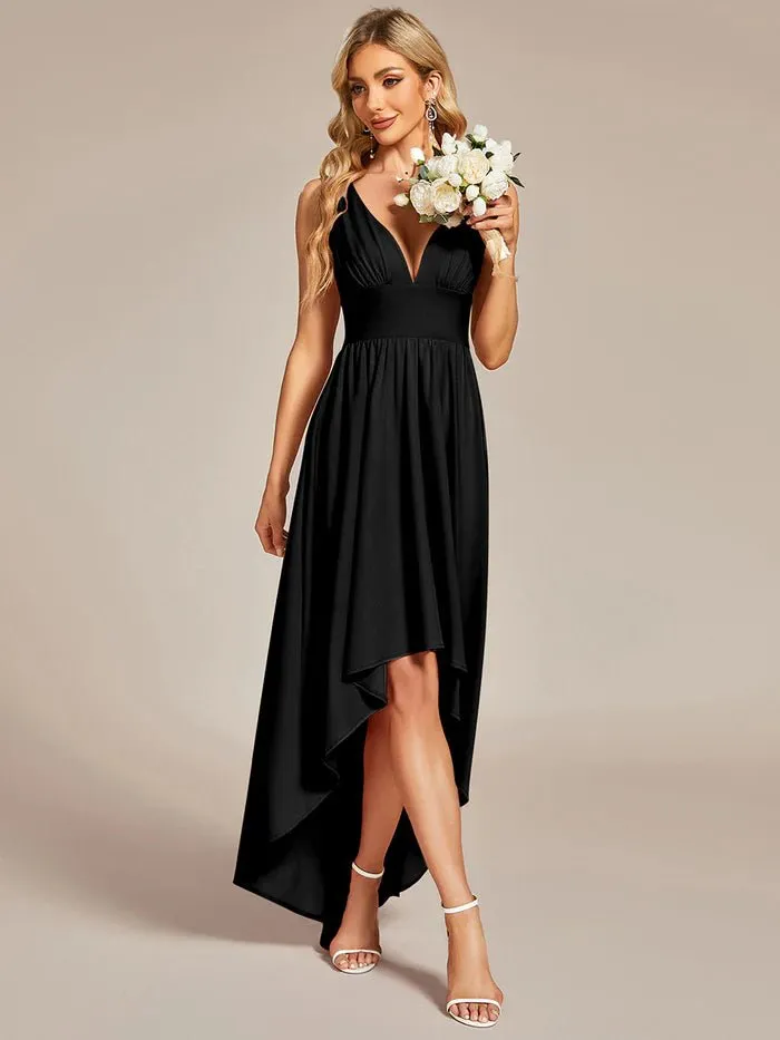 High Low Deep V Neck Sleeveless Bridesmaid Dresses