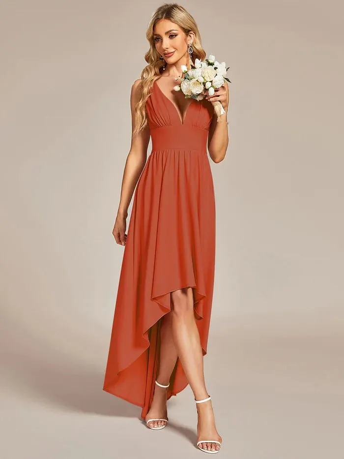 High Low Deep V Neck Sleeveless Bridesmaid Dresses